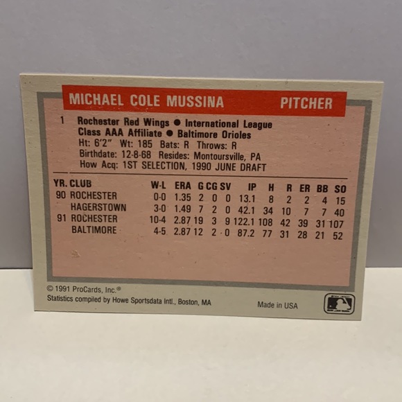 1991 ProCards Rochester Red Wings Mike Mussina In Person Autograph (MISC7) - Picture 2 of 3